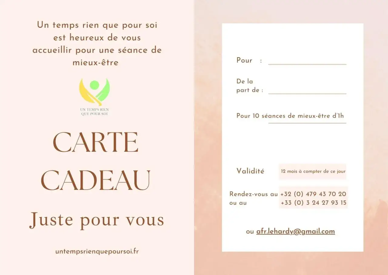 Carte cadeau pour 10 séances de mieux-être, idéale pour un abonnement massage. Offrez un moment de détente.