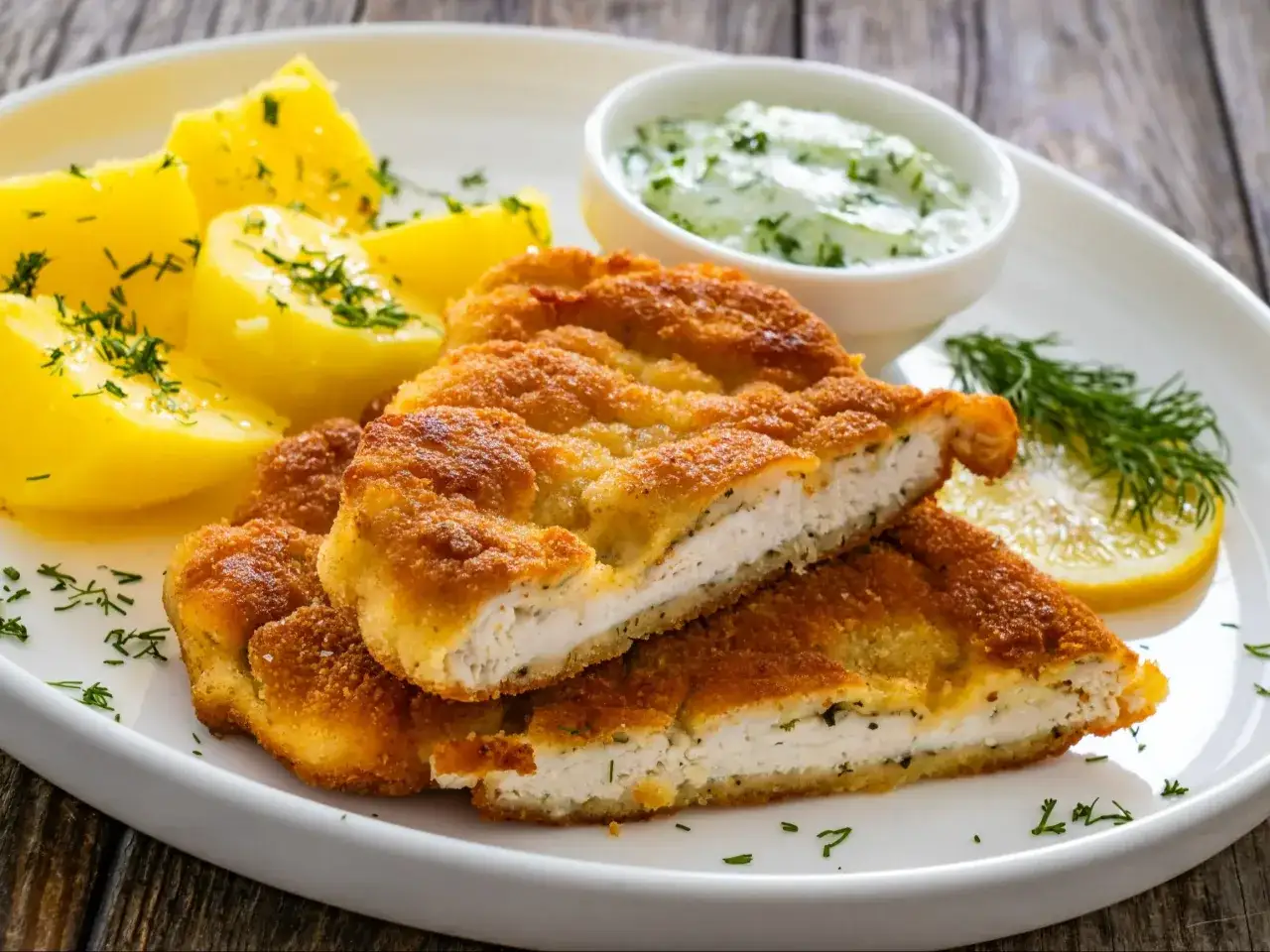 Pyszny kotlet po parysku, złocisty i chrupiący, podany z ziemniakami i sosem.