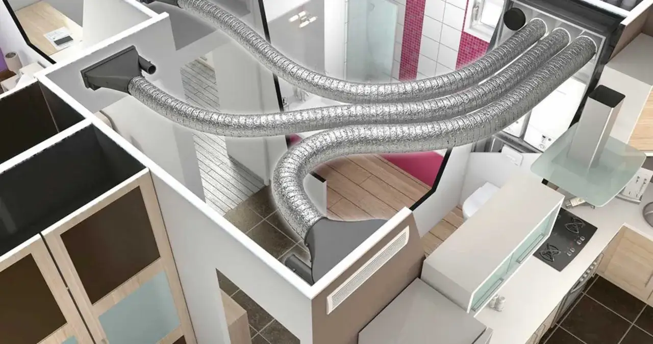 Vue en coupe d'une maison montrant les conduits d'un syst&egrave;me de chauffage gainable. L'inconv&eacute;nient chauffage gainable : les conduits traversent les pi&egrave;ces, prenant de la place.