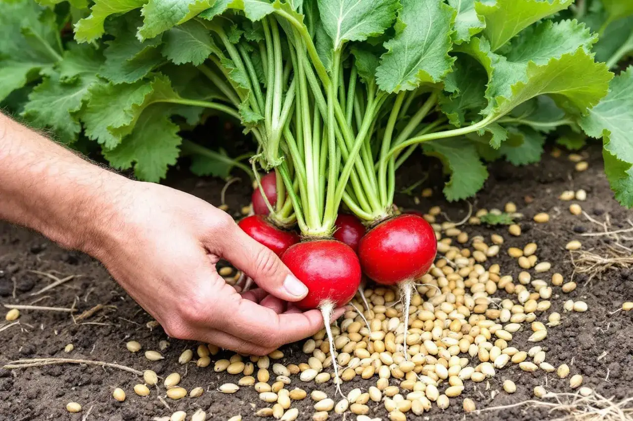 Main d'un jardinier récoltant des radis rouges et frais. C'est le moment idéal quand cueillir radis pour une saveur croquante.