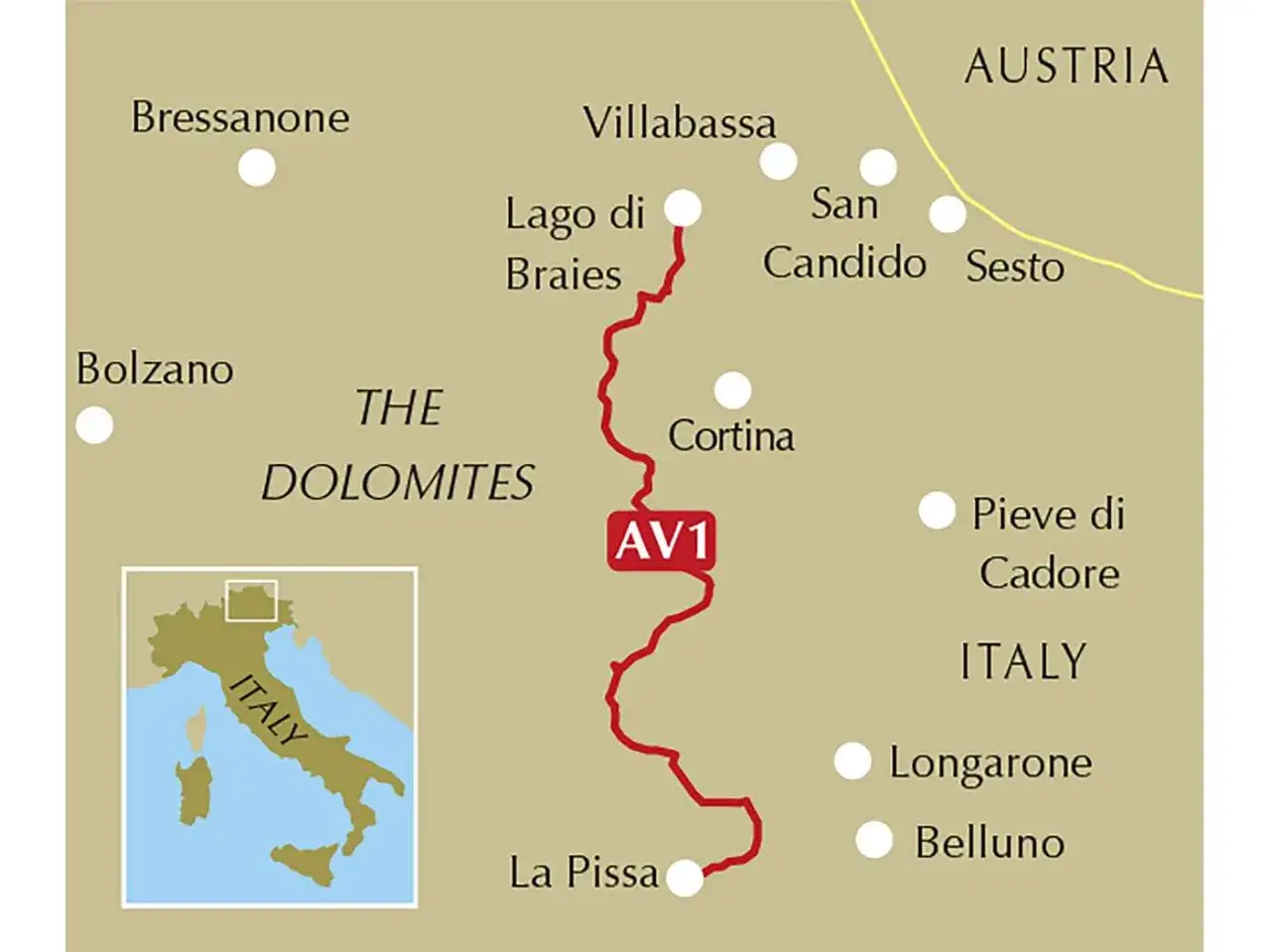 Mappa dell'Alta Via 1 Dolomiti, con il percorso rosso che attraversa laghi e cime, da La Pissa a Villabassa, toccando Cortina e San Candido.