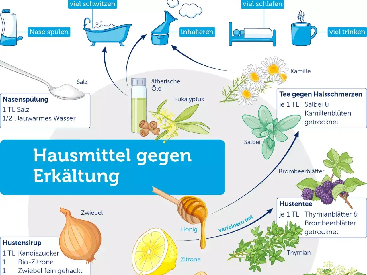Hausmittel gegen Erk&auml;ltung: Zwiebel, Zitrone, Honig und Tees helfen, was essen bei Grippe. Nasensp&uuml;lung, Inhalieren, viel trinken & schlafen.