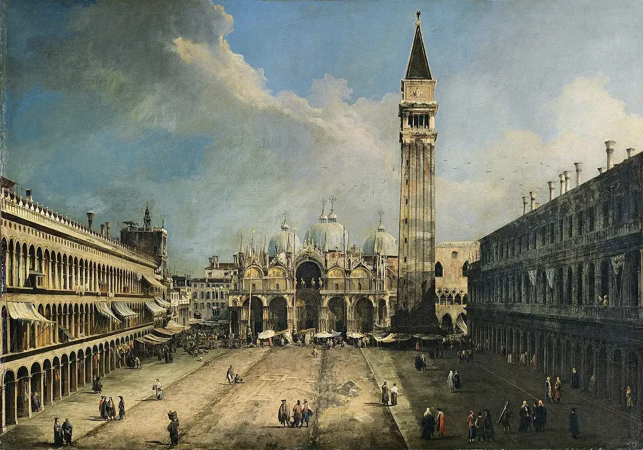 Canaletto a Venezia: Piazza San Marco con la Basilica e il Campanile, animata da figure in abiti d'epoca.