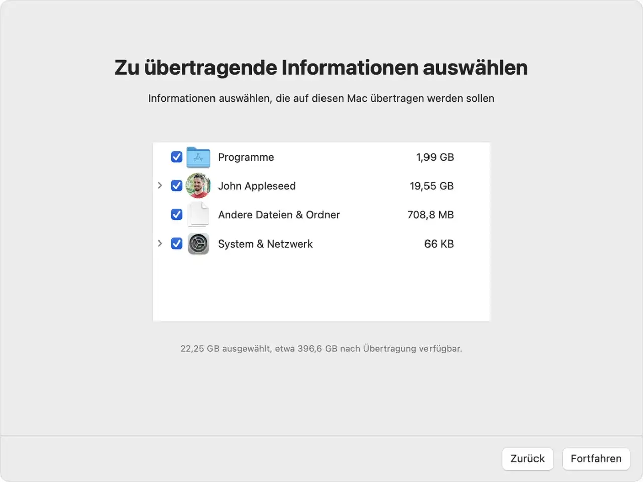 Auswahl f&uuml;r die Zeitmaschine-Backup-Wiederherstellung: Programme, John Appleseed, Andere Dateien & Ordner, System & Netzwerk.