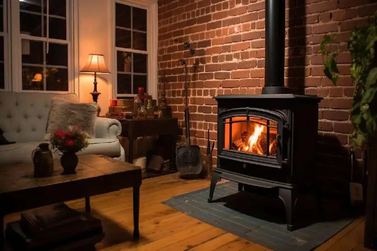 Estufa de leña encendida, ideal para aprender como hacer calefacción con estufa de leña y disfrutar de un ambiente acogedor.