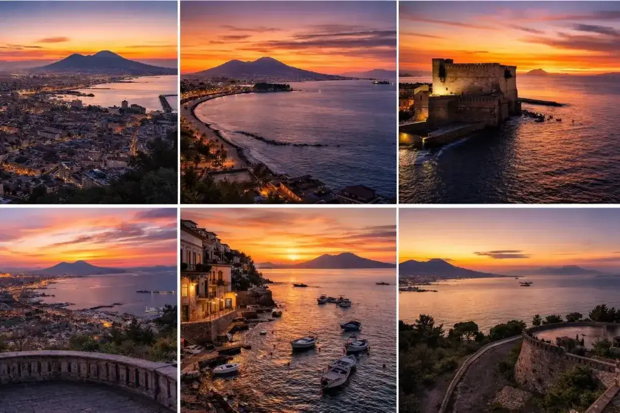 Splendidi tramonti su Napoli, con il Vesuvio sullo sfondo, castelli sul mare e scorci di costa illuminati.