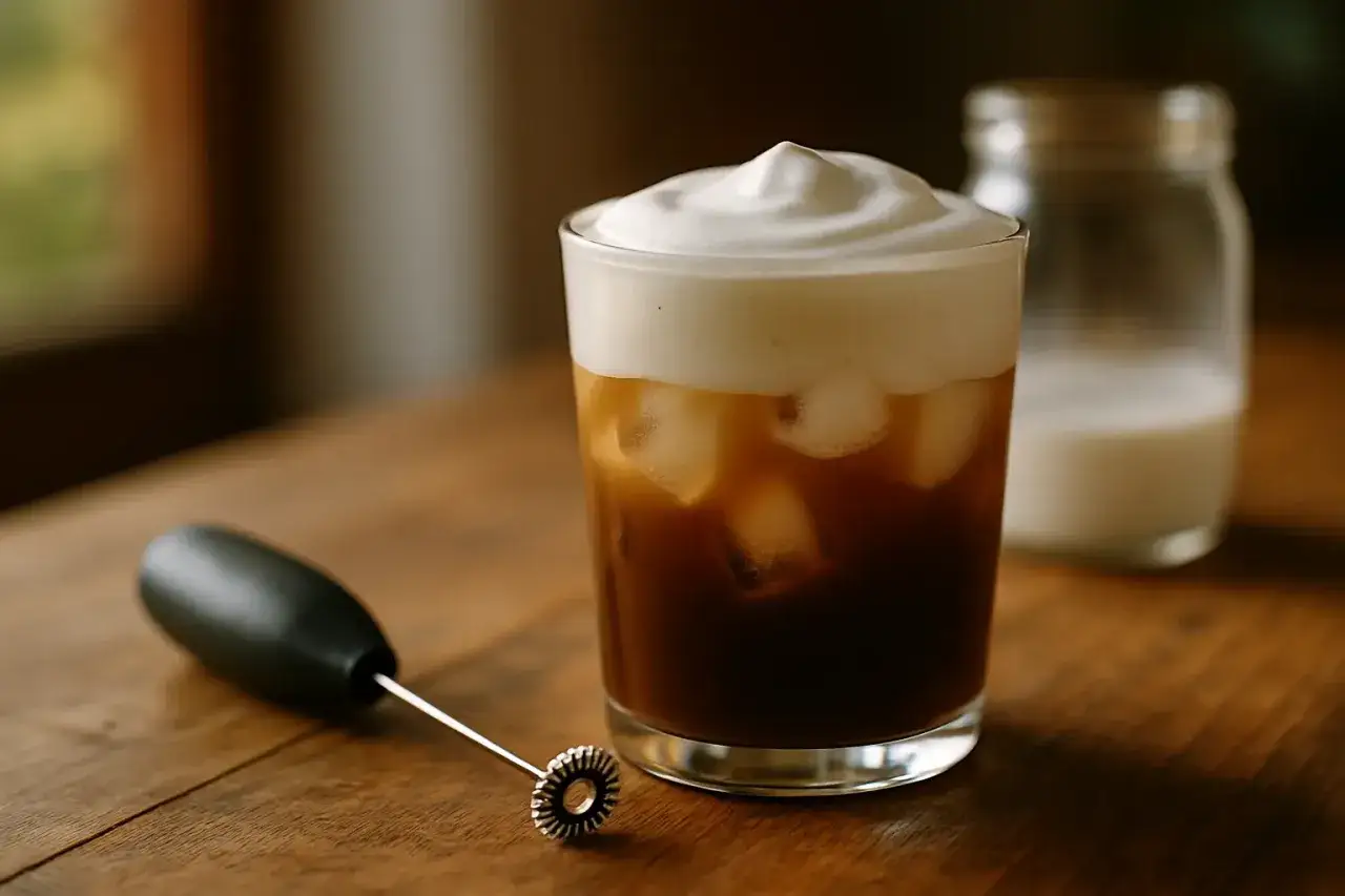 Einfaches kalter cappuccino rezept: Eiswürfel, Kaffee, Milchschaum. Ein Milchaufschäumer liegt daneben.