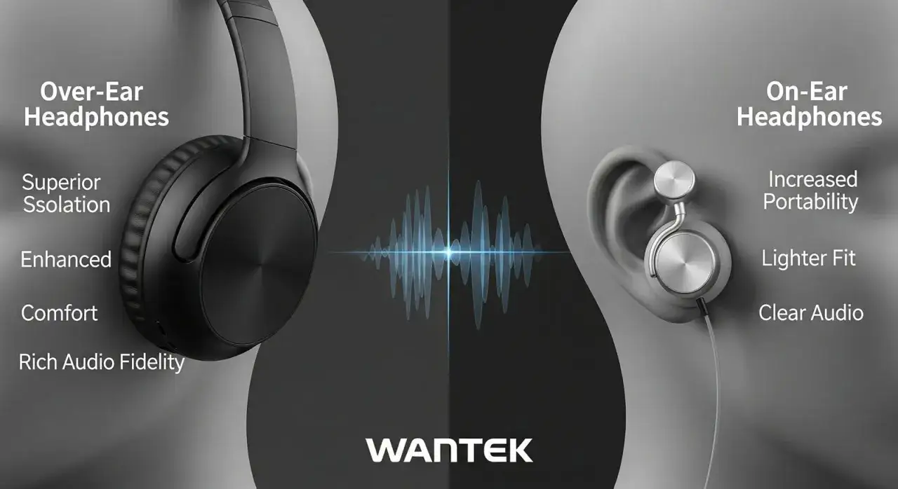 Casque supra-auriculaire noir et &eacute;couteurs argent&eacute;s, comparant isolation et confort vs portabilit&eacute; et l&eacute;g&egrave;ret&eacute;.