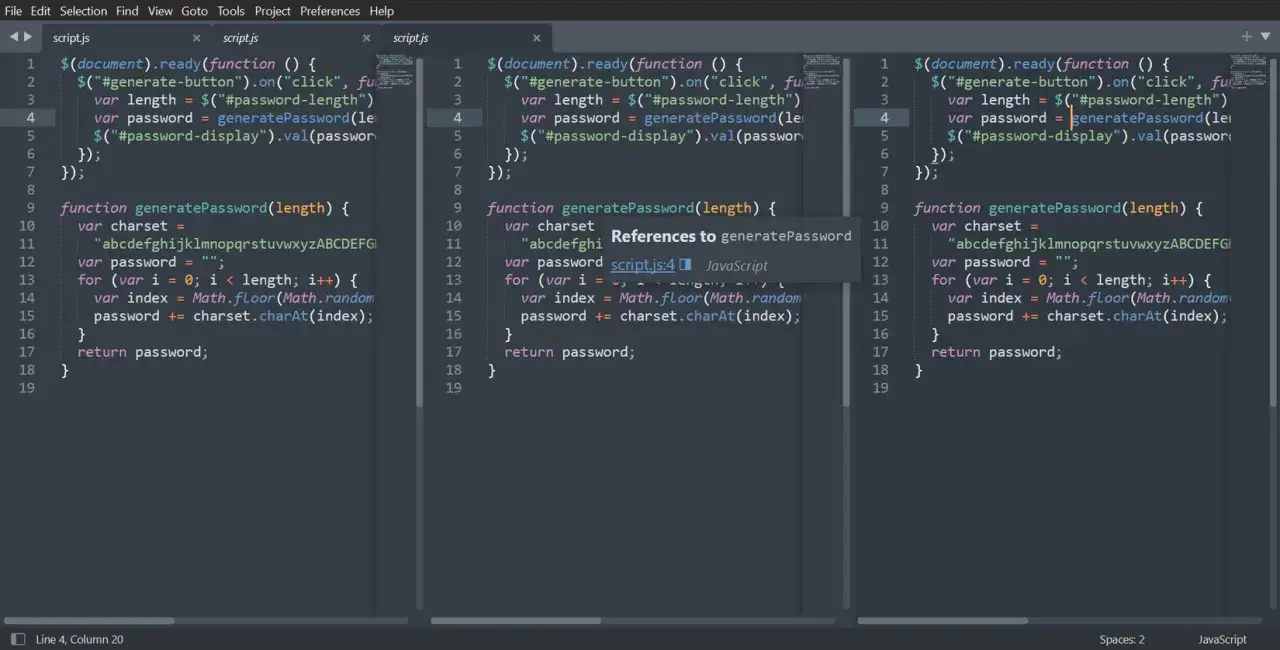 Wielokrotne okno edytora tekstu z kodem JavaScript do generowania haseł.