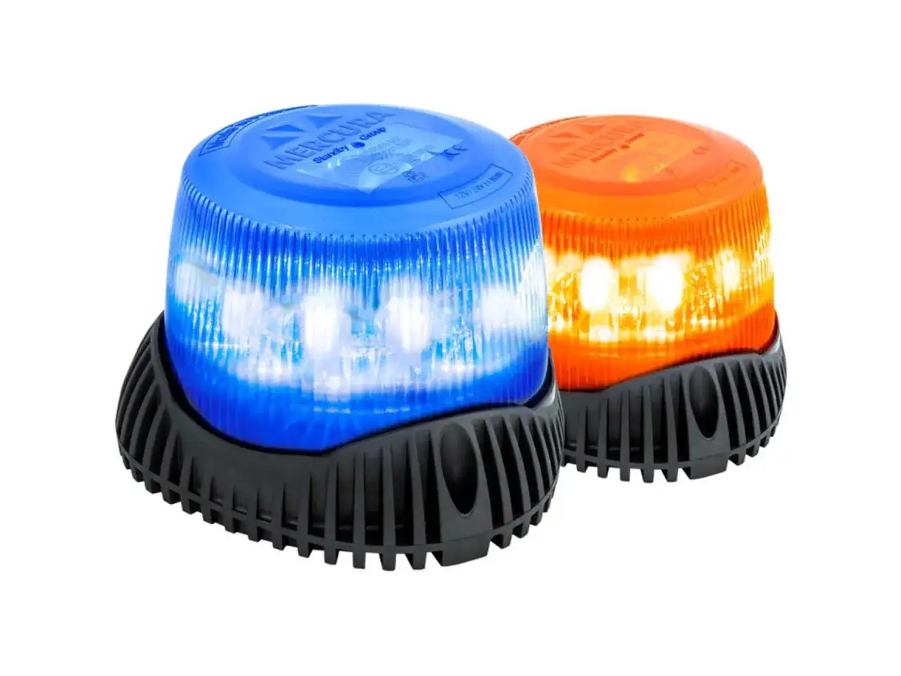 Deux gyrophares, un bleu et un orange, sur fond blanc. Le gyrophare rouge signification est souvent liée à l'urgence.
