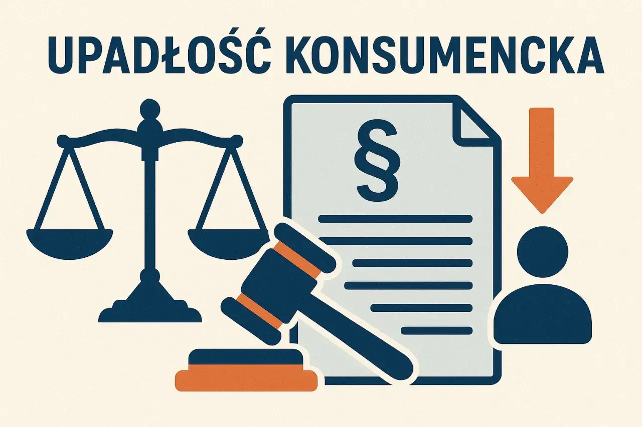 Grafika symbolizuje upadłość konsumencką. Waga sprawiedliwości, paragraf na dokumencie i młotek sędziowski sugerują proces prawny.
