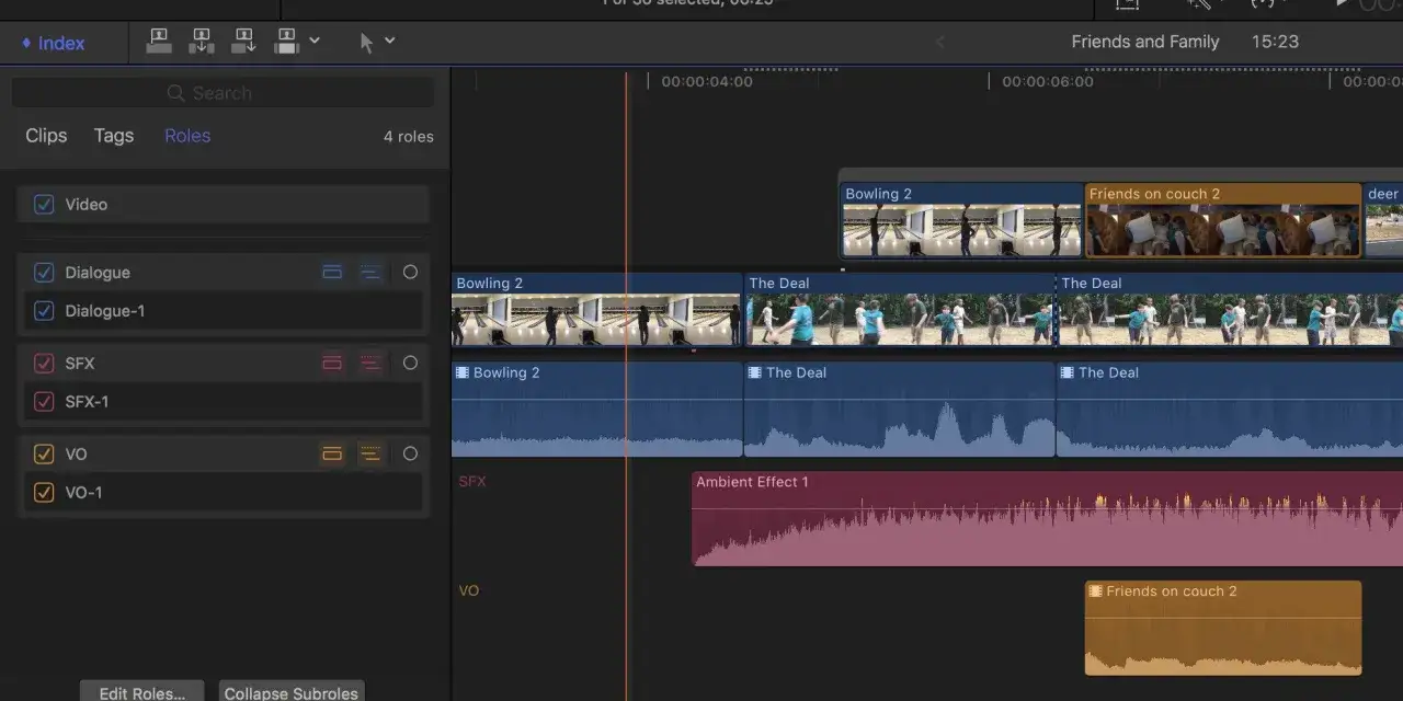 Edycja w Final Cut Pro: oś czasu z klipami wideo, dialogami, efektami SFX i VO. Widoczne role: Video, Dialogue, SFX, VO.