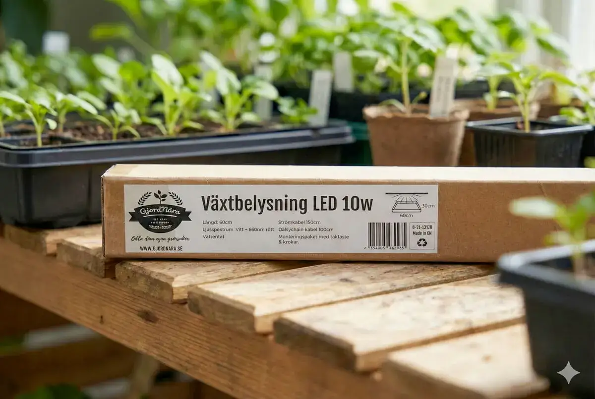En kartong med växtbelysning LED 10W från GjordNära står på en trähylla bland plantor. Perfekt för din e40 sockel.