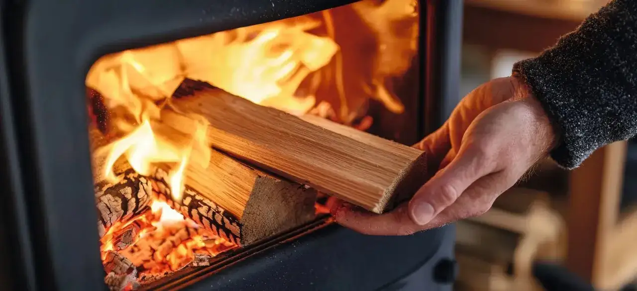 Eine Hand legt Holzscheite in einen brennenden Holzofen. So heizt man den Holzofen richtig für wohlige Wärme.