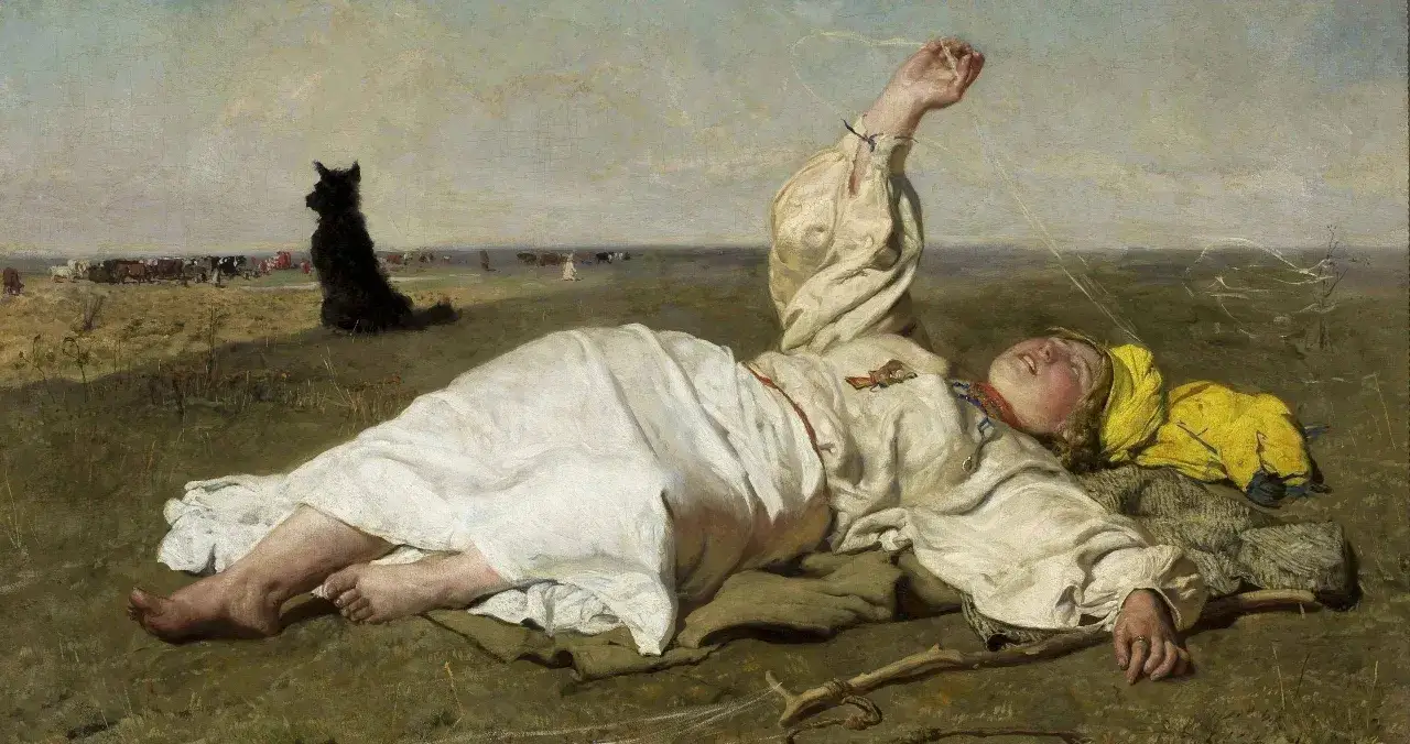 Malarstwo historyczne: dziewczyna odpoczywa na łące, pilnowana przez czarnego psa, podczas gdy bydło pasie się w oddali.