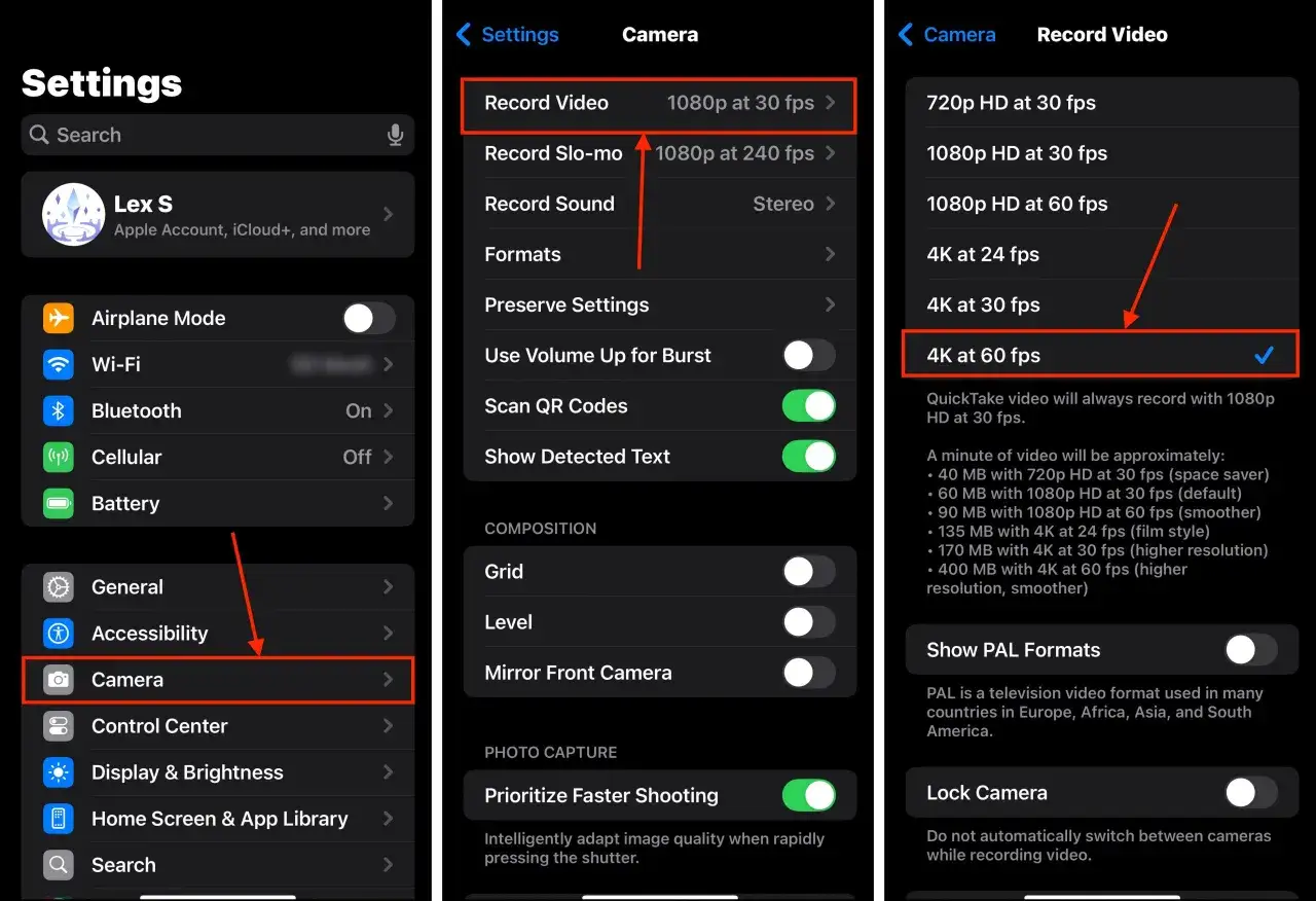 Ustawienia iPhone: Aparat > Nagrywanie wideo > 4K przy 60 kl./s. Zmniejszenie jakości wideo pomoże jak zwiekszyc pamiec w iPhone.