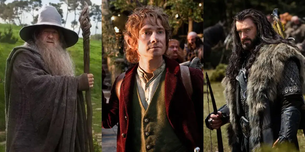 Gandalf, Bilbo i Thorin - kluczowe postacie z Hobbita, gotowi na przygodę.