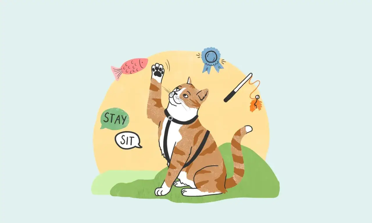 An orange tabby cat with a harness sits, reaching for a toy fish. Speech bubbles say 