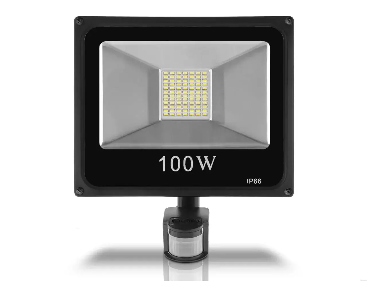 Czarny naświetlacz LED 100W z czujnikiem ruchu, idealny do oświetlenia posesji.