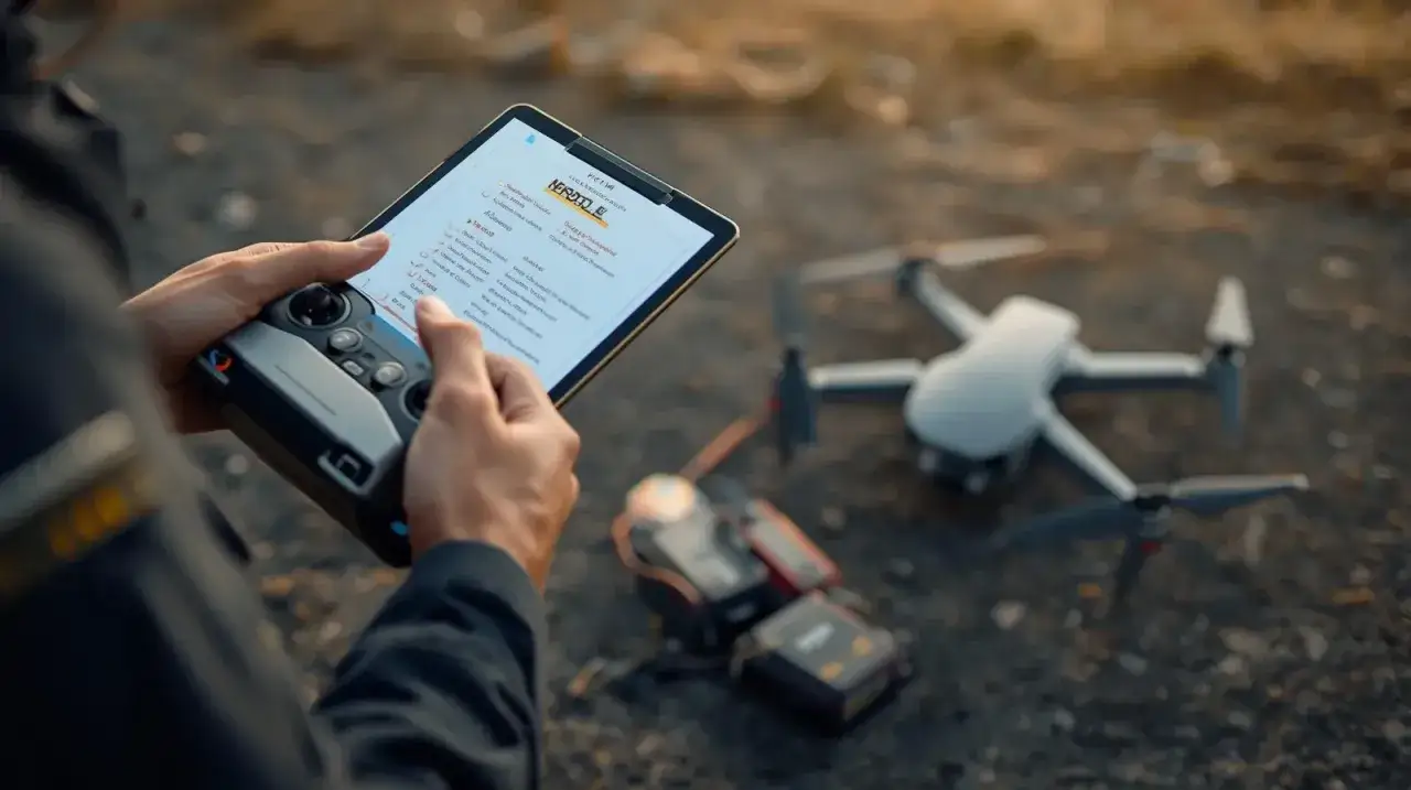 Pilot sprawdza na tablecie lista kontrolna przed lotem drona.