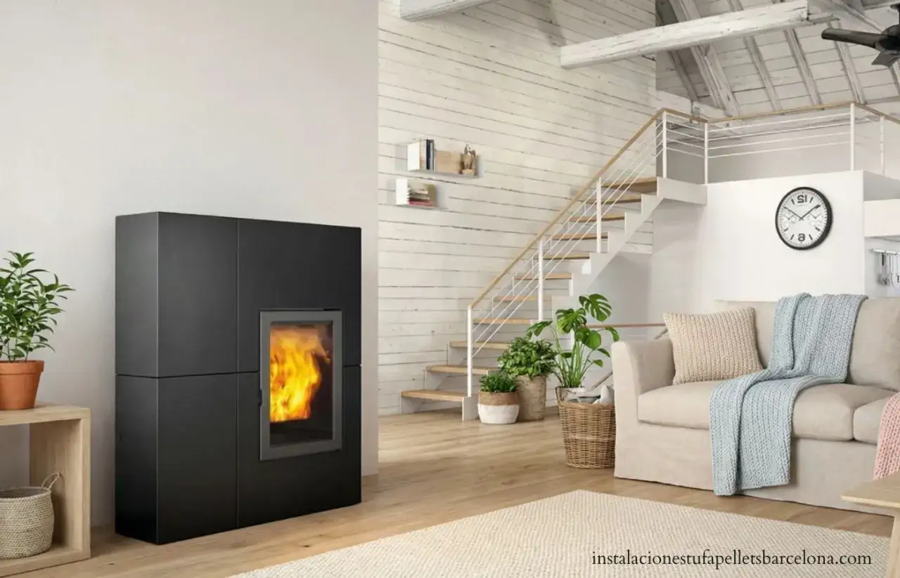 Estufa de pellets negra con fuego encendido, ideal para cambiar caldera de gas por pellets. Ambiente acogedor con escaleras y sofá.