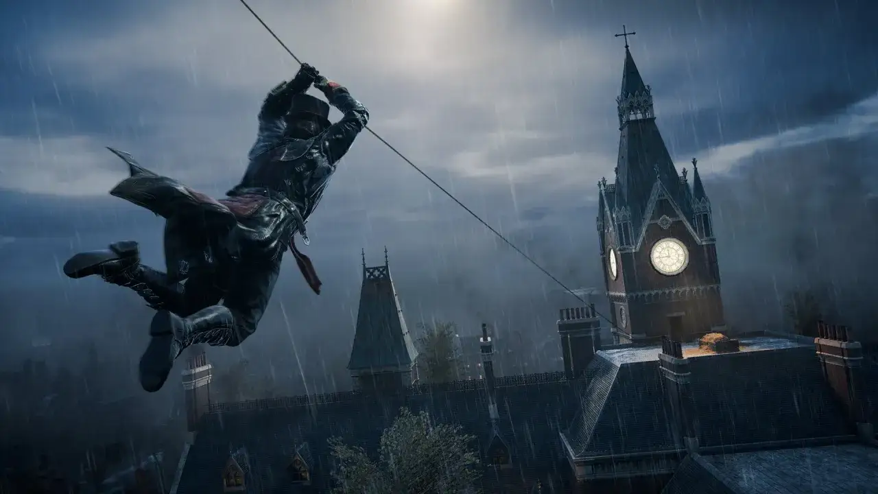 Assassin's Creed Syndicate: postać zjeżdża po linie nad deszczowym Londynem. Sprawdź wymagania gry!