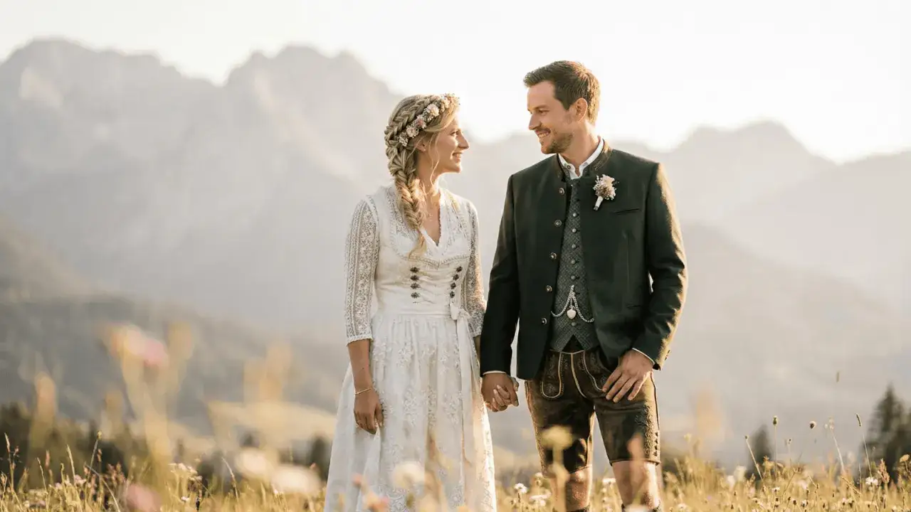 Gl&uuml;ckliches Brautpaar in Tracht heiraten vor Bergkulisse. Sie halten H&auml;ndchen, die Braut tr&auml;gt ein Dirndl, der Br&auml;utigam eine Lederhose.
