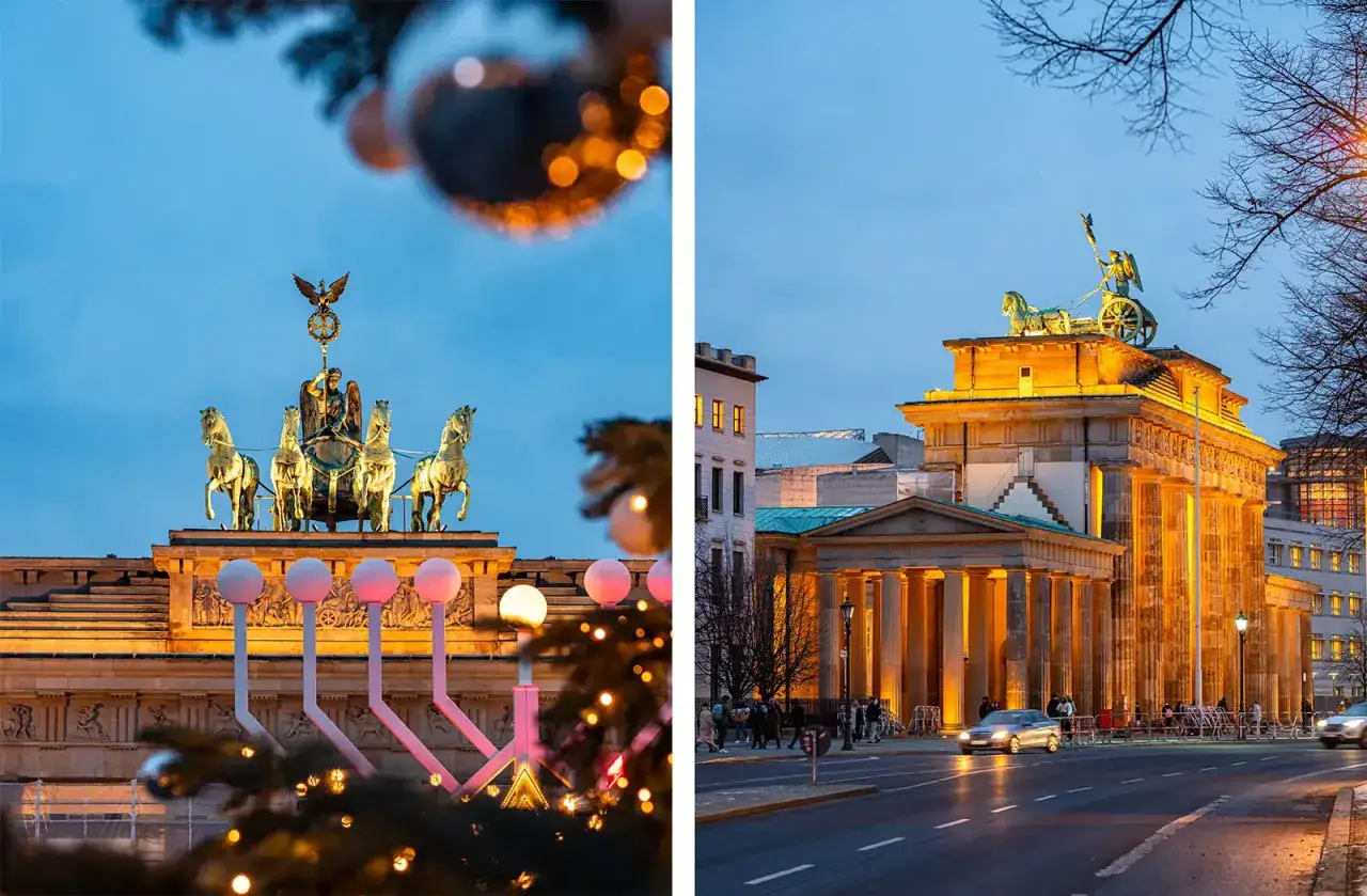Brama Brandenburska w Berlinie, ozdobiona świątecznie. Warto zobaczyć to miejsce nocą, gdy jest pięknie oświetlone.