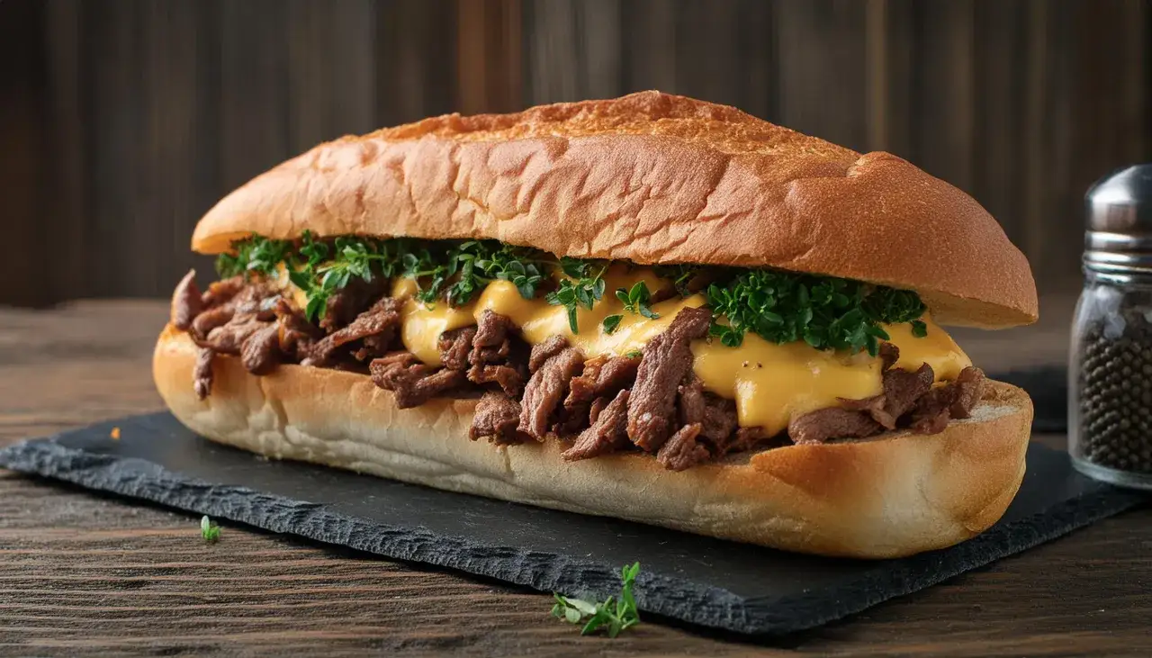 Ein saftiger Philly Cheesesteak-Sandwich mit zartem Rindfleisch, geschmolzenem K&auml;se und frischen Kr&auml;utern auf einem Baguette.
