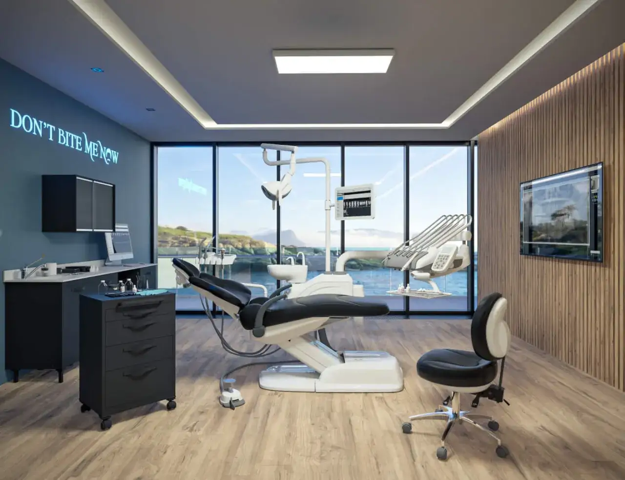 Studio dentistico moderno con vista mare. Chiss&agrave; quanto guadagna un dentista privato al mese con un ufficio cos&igrave;.