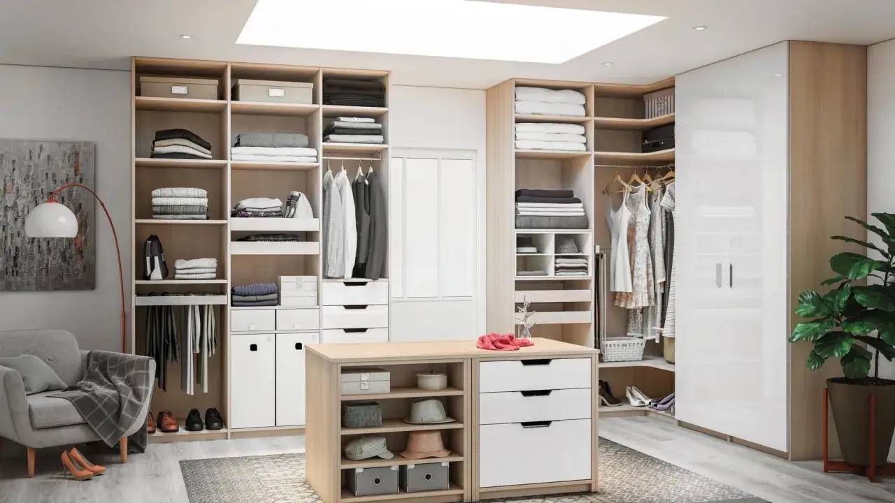 Un dressing sur mesure, parfait pour un dressing à faire soi même. Organisé avec des étagères, tiroirs et penderies.