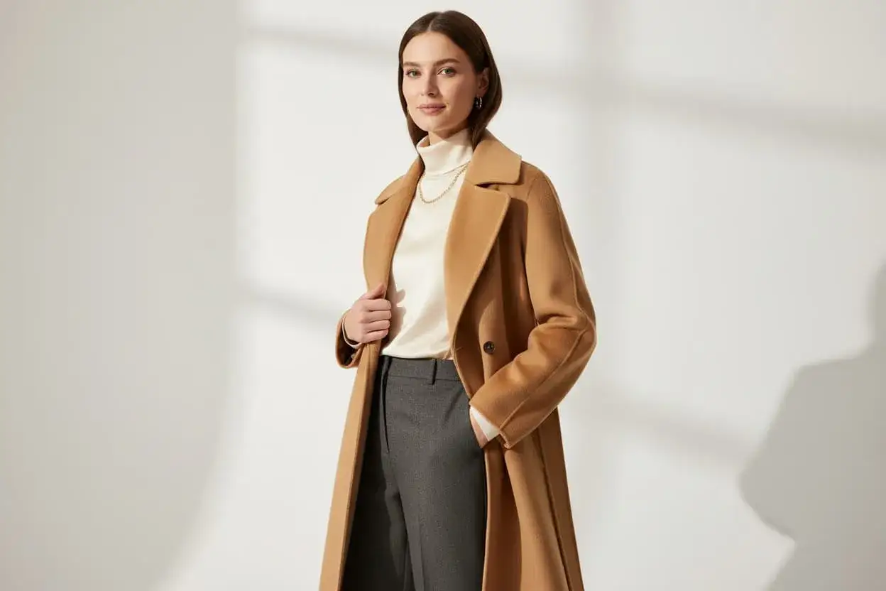 Une femme élégante porte un manteau camel. Faut-il prendre une taille au-dessus pour un manteau ? Ce modèle semble parfait.