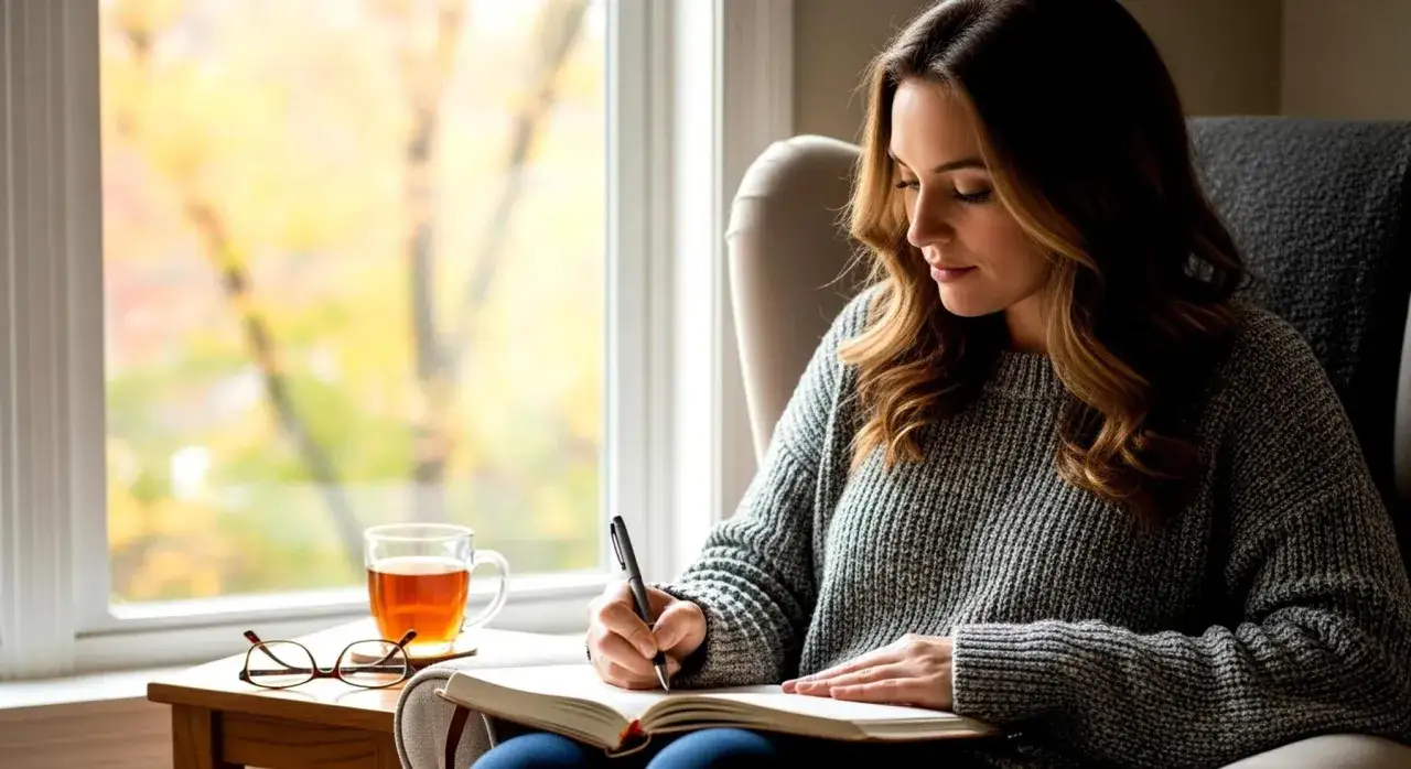 A woman writes in a journal by a window, a cup of tea and glasses nearby. This peaceful scene illustrates how to get over disappointment through reflection.