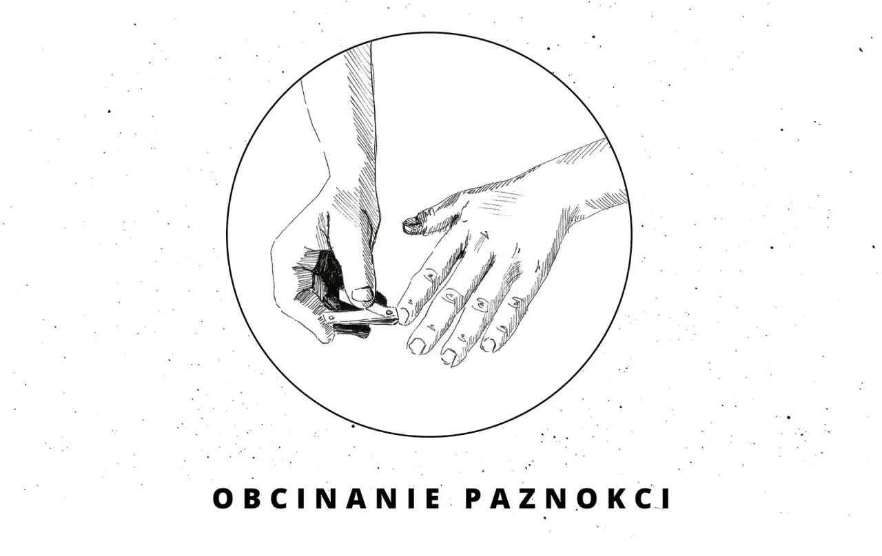 Ilustracja pokazuje, jak obcinać paznokcie u rąk za pomocą cążków. Dłoń trzyma narzędzie, a druga dłoń prezentuje paznokcie do skrócenia.