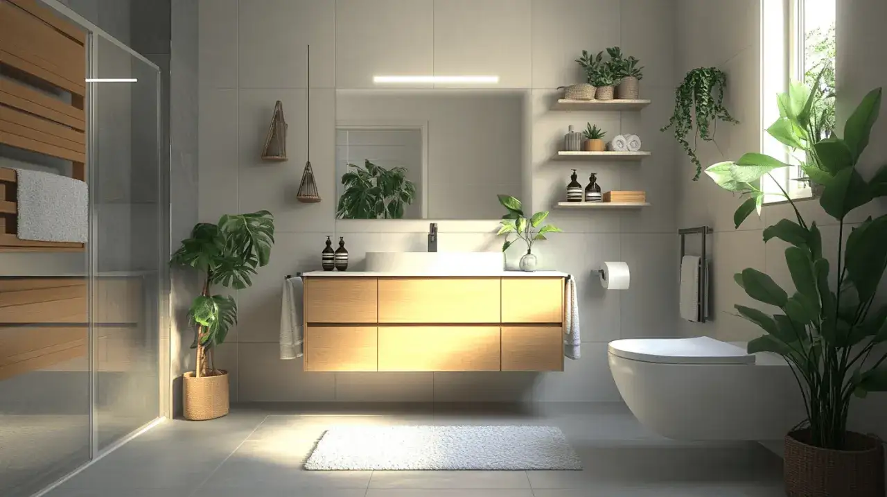 Modernes Badezimmer mit Holzm&ouml;beln, Pflanzen und schlichten Deko-Ideen. Ein Hauch von Natur f&uuml;r Ihr Zuhause.
