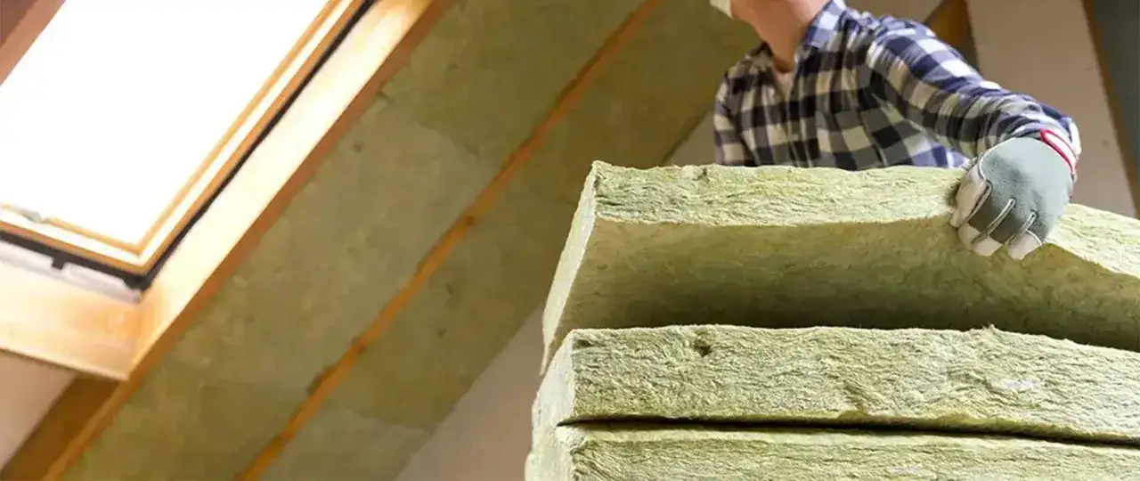 Un trabajador coloca paneles de lana de roca, el mejor aislante térmico, en un ático con tragaluz.