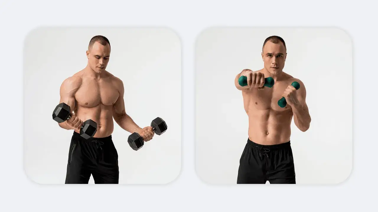 Mann trainiert Bizeps mit Hanteln. Calisthenics Bizeps &Uuml;bungen f&uuml;r starke Arme.