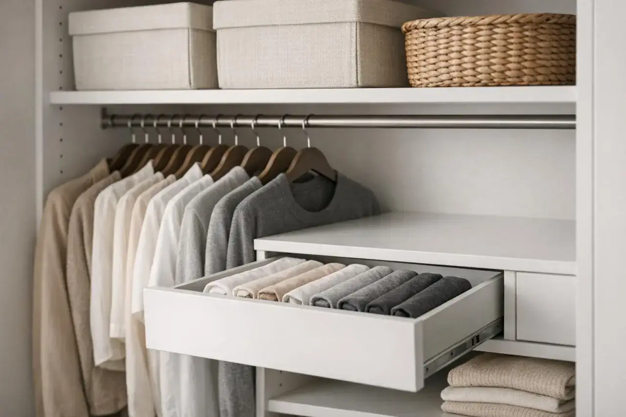 Un dressing organisé : des vêtements suspendus par couleur et des tiroirs pour comment ranger son dressing.