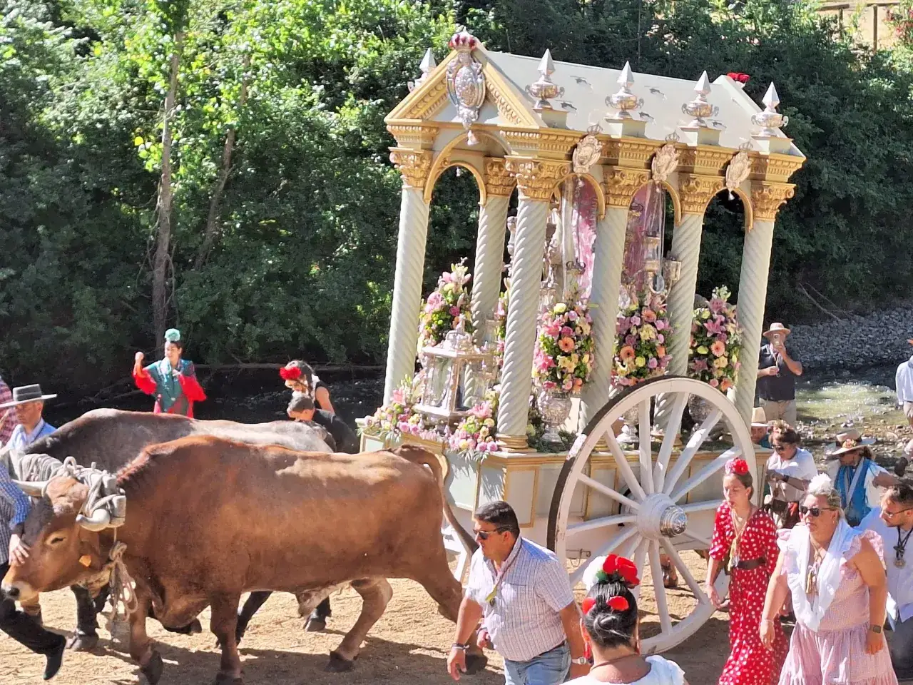 Carros adornados tiran de bueyes en el camino del Roc&iacute;o. Gente vestida de flamenco observa la procesi&oacute;n.