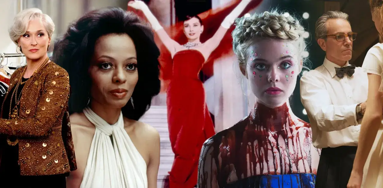 Ikoniska scener från modefilmer: Meryl Streep, Diana Ross, Audrey Hepburn, Elle Fanning och Daniel Day-Lewis.