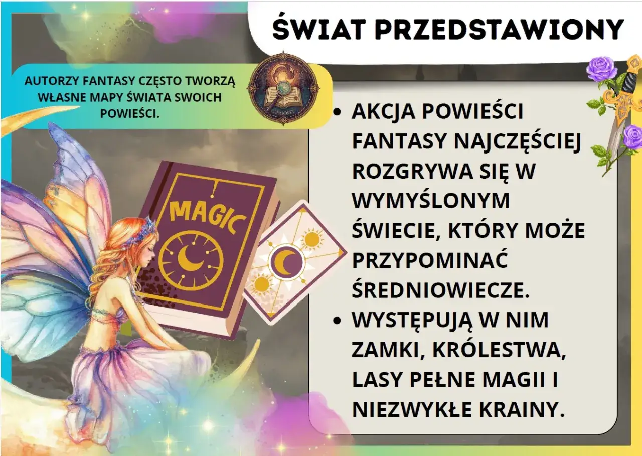 Bajkowa wróżka siedzi na księżycu obok magicznej księgi. To co to znaczy fantasy: wymyślone światy, zamki i magia.