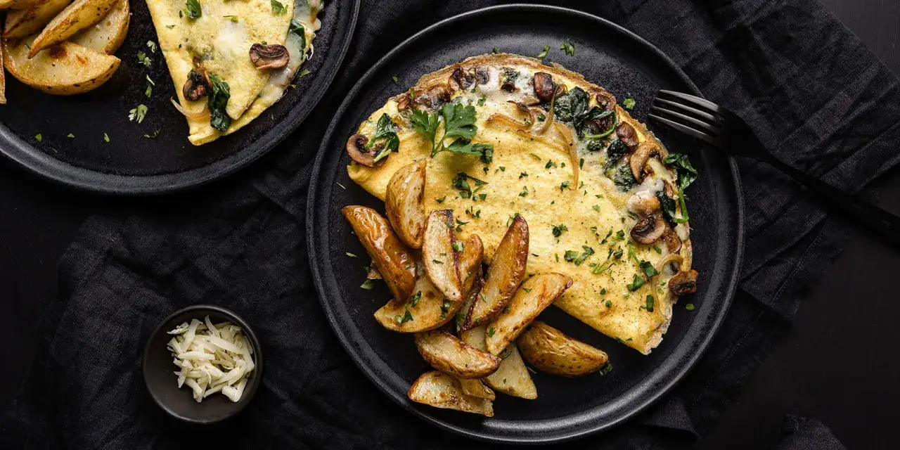 Une délicieuse omelette aux épinards et champignons, servie avec des pommes de terre rôties. Un plat parfait pour un brunch.