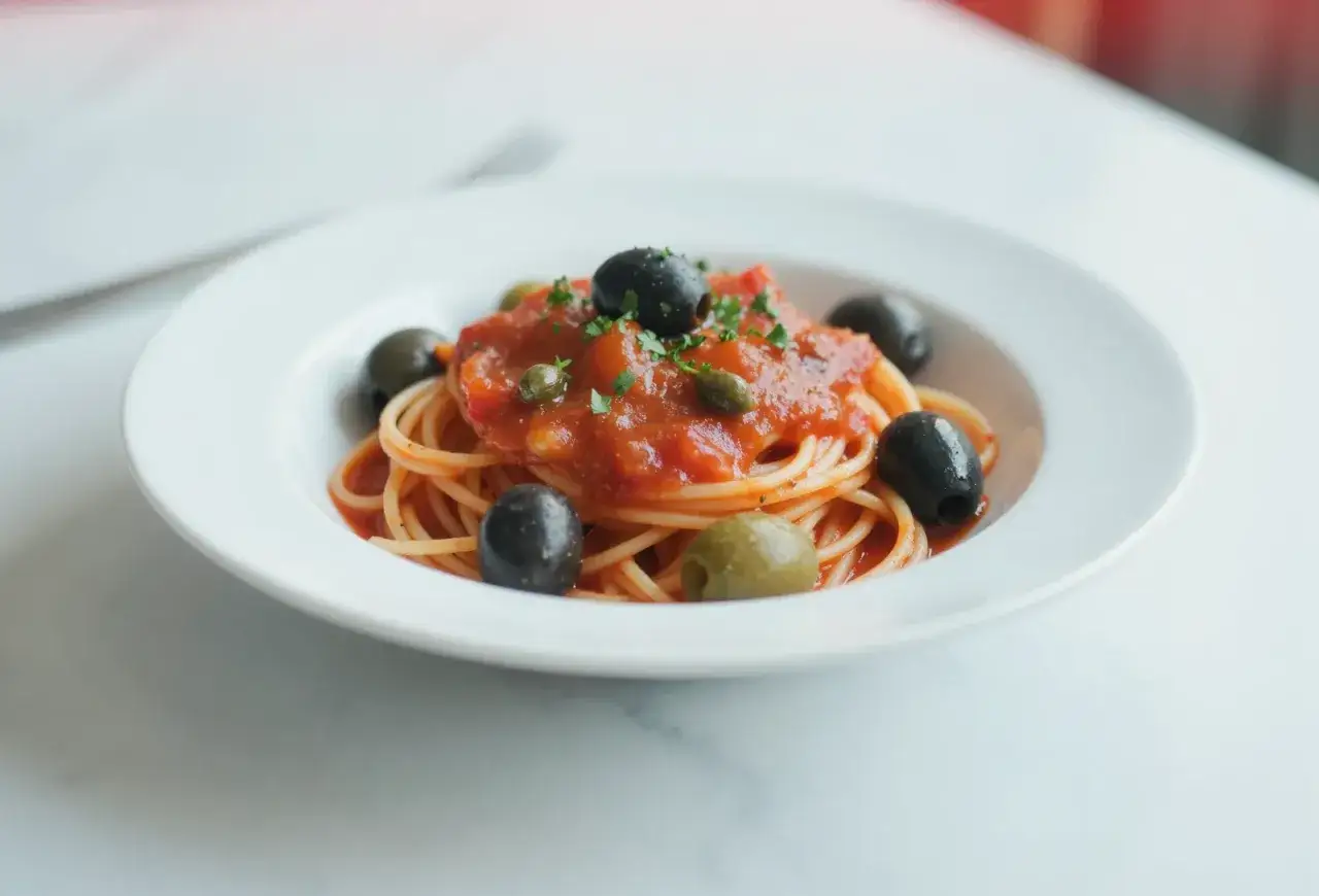 Spaghetti alla puttanesca z czarnymi i zielonymi oliwkami, kaparami i posiekaną natką pietruszki na białym talerzu.