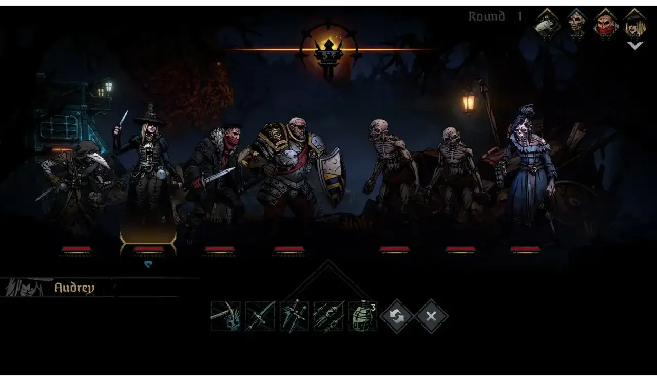 Postacie z gry Darkest Dungeon II w mrocznej scenerii, gotowe do walki.