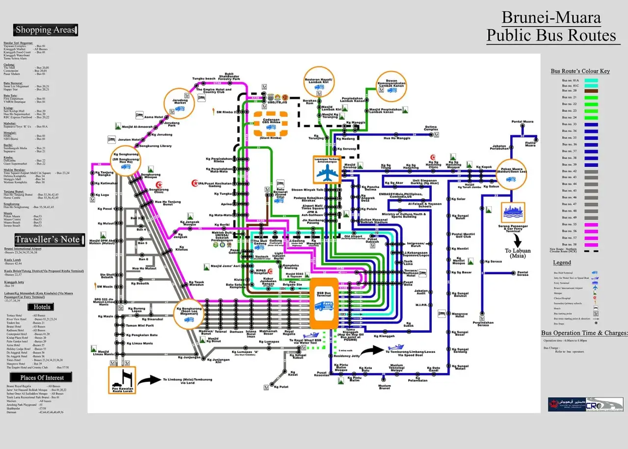 Mapa Brunei-Muara z trasami autobusów. Zobacz, jak łatwo poruszać się po wyspie dzięki tej szczegółowej **brunei mapa** autobusowej.
