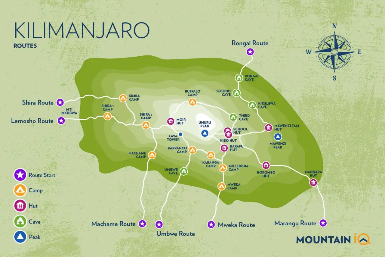 Mapa tras na Kilimandżaro. Czy trudno wejść? Zobacz trasy Lemosho, Machame, Marangu i inne, z zaznaczonymi obozami, chatkami i szczytami.