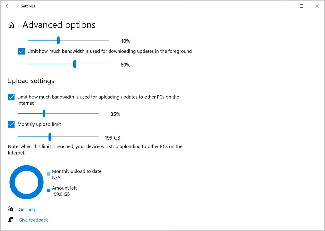 Ustawienia zaawansowane Windows 10: limituj pobieranie aktualizacji do 60%, a wysyłanie do 35%. Miesięczny limit wysyłania to 199 GB.