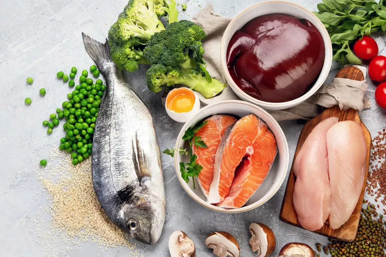Poisson, foie, saumon, poulet, brocolis, pois, champignons, tomates, sésame, lin, haricots mungo : un assortiment d'aliment fer pour une alimentation équilibrée.