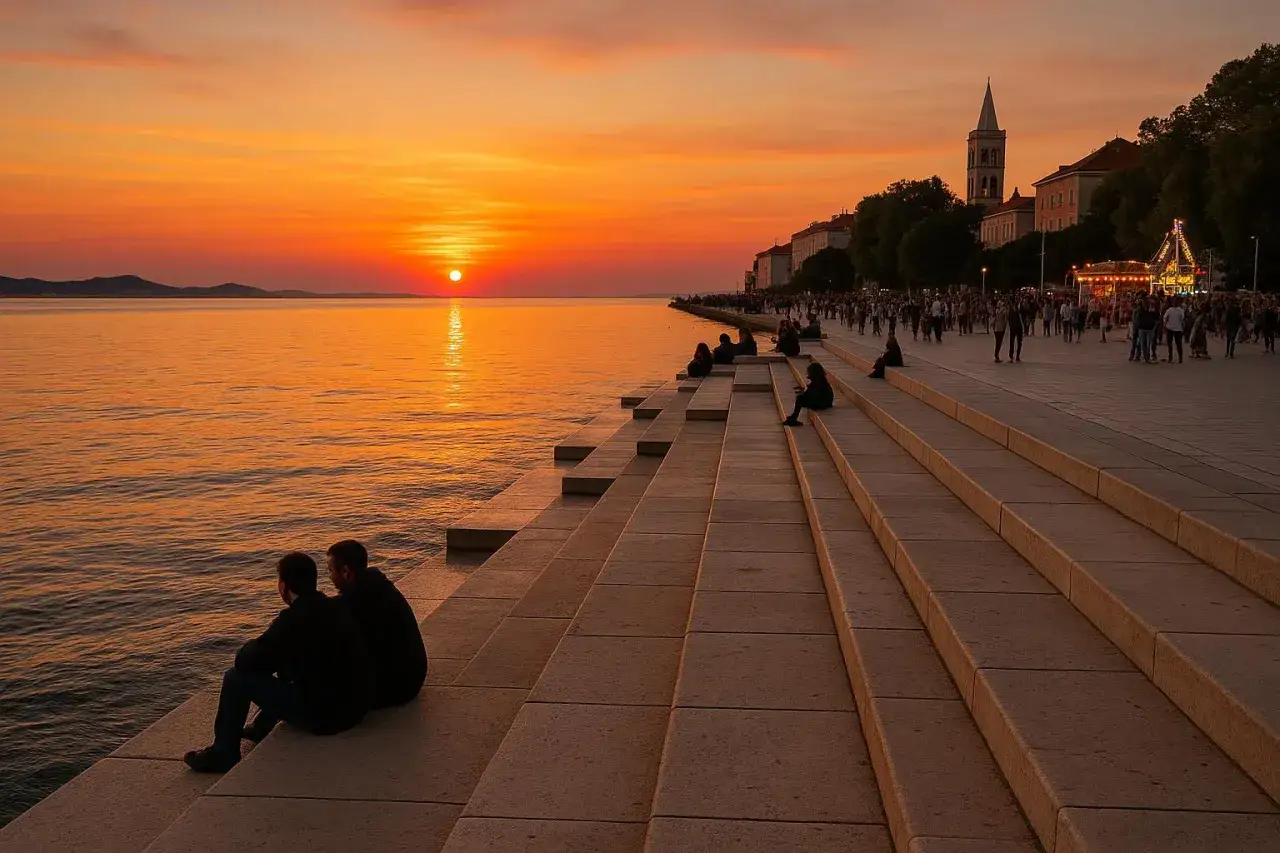 Zachód słońca nad morzem w Zadarze, ludzie siedzą na schodach, tworząc idealny kadr do zadar bloga.