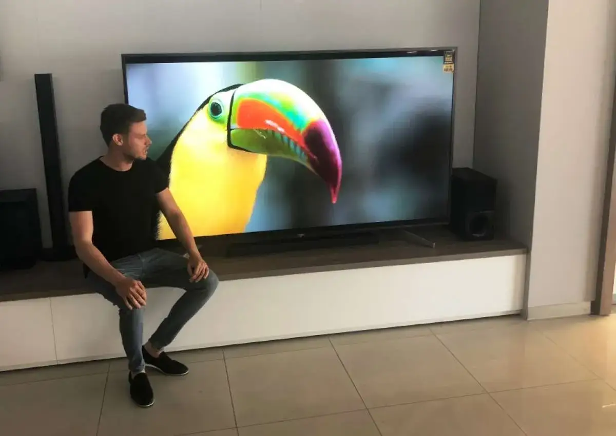 Mężczyzna siedzi obok ogromnego telewizora, na którym wyświetlany jest kolorowy tukan. Imponujące wymiary telewizora 85 cali robią wrażenie.